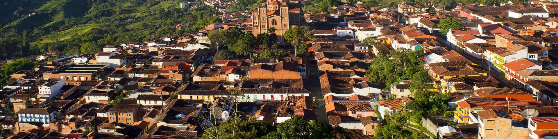 Panorama on the town of Jericó with the Catedral de Nuestra Señora de las Mercedes at sunrise in the cordillera occidental, Antioquia, Colombia.