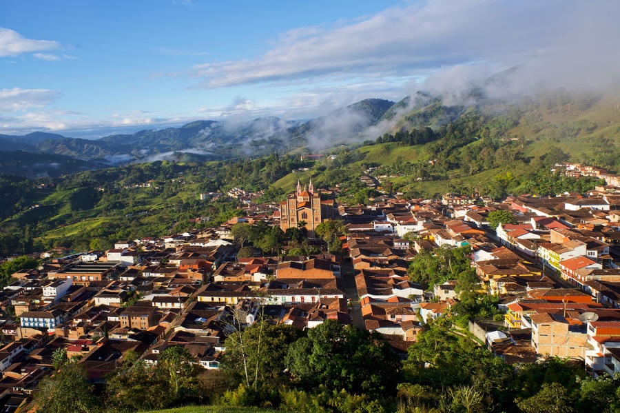 Panorama on the town of Jericó with the Catedral de Nuestra Señora de las Mercedes at sunrise in the cordillera occidental, Antioquia, Colombia.