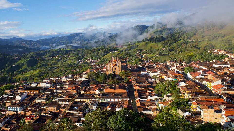 Panorama on the town of Jericó with the Catedral de Nuestra Señora de las Mercedes at sunrise in the cordillera occidental, Antioquia, Colombia.