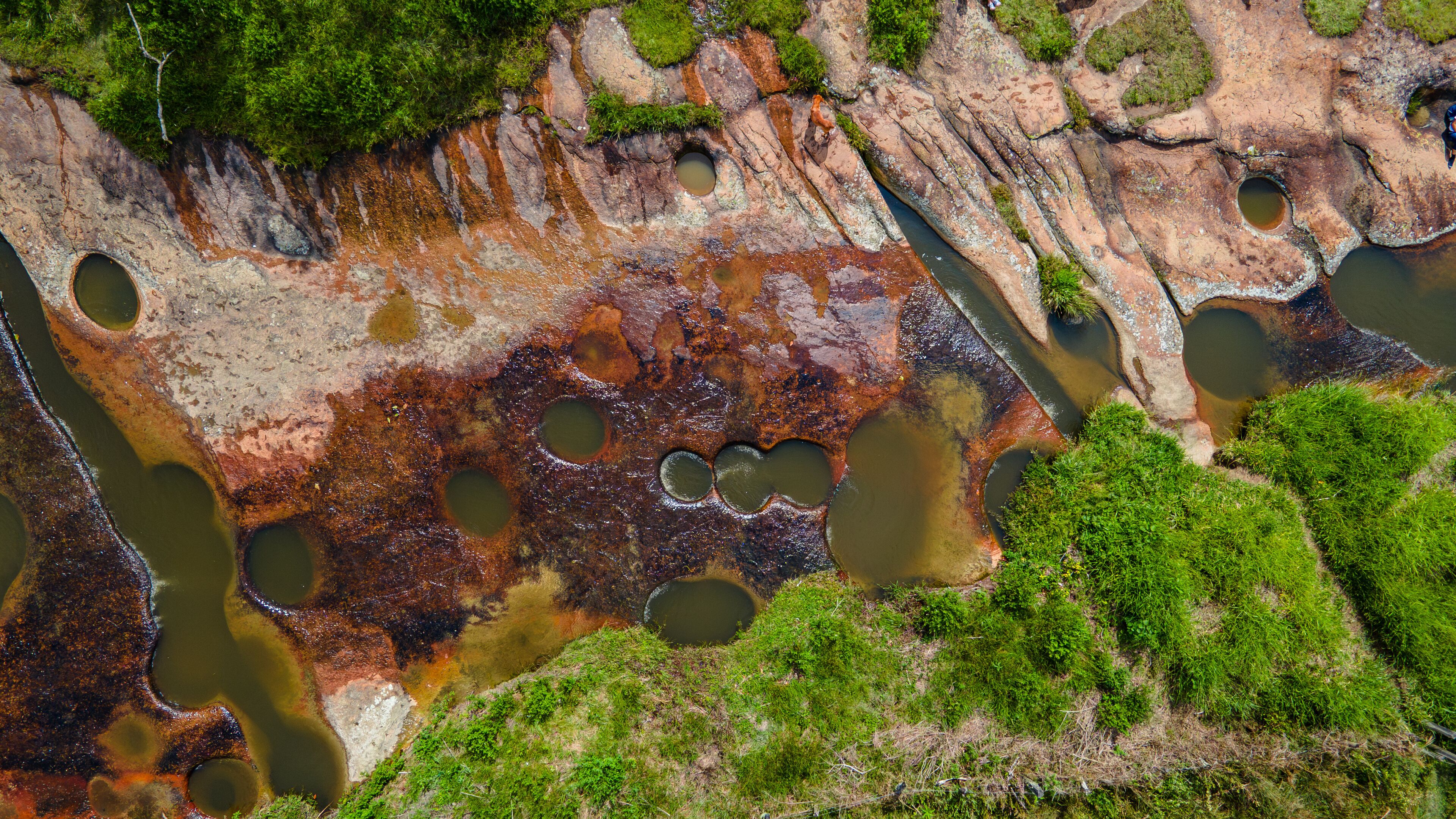 A rocky landscape with multiple circular ponds and patches of green vegetation.