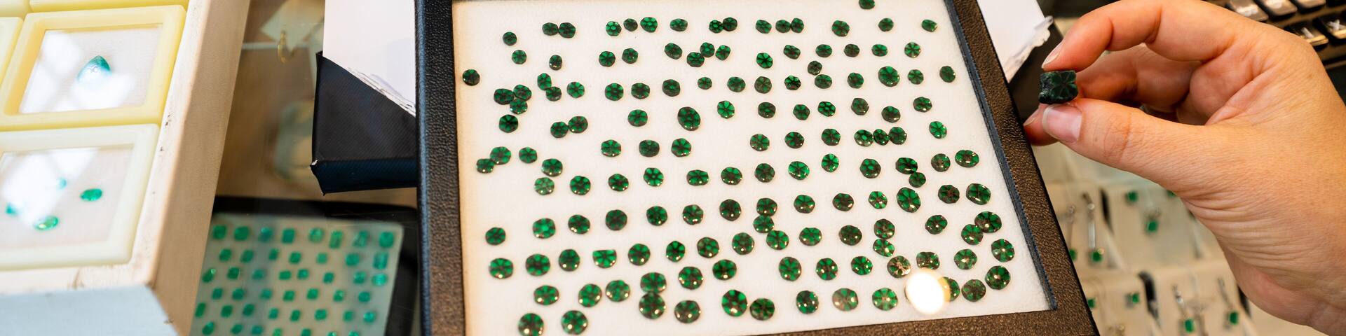 presentation of trapiche emeralds in a store, Bogota, Colombia