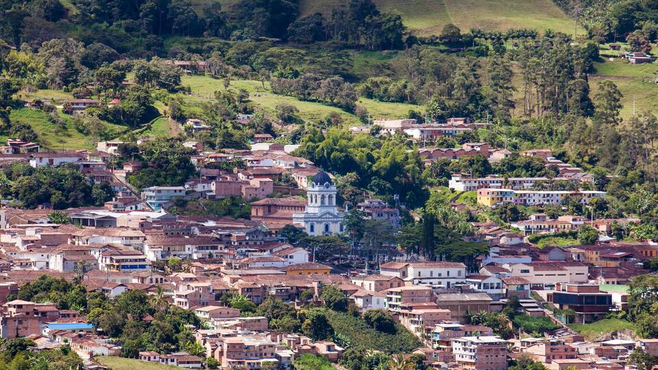 Panoramic view of the historical town of Titiribi located in the region of Antioquia in Colombia