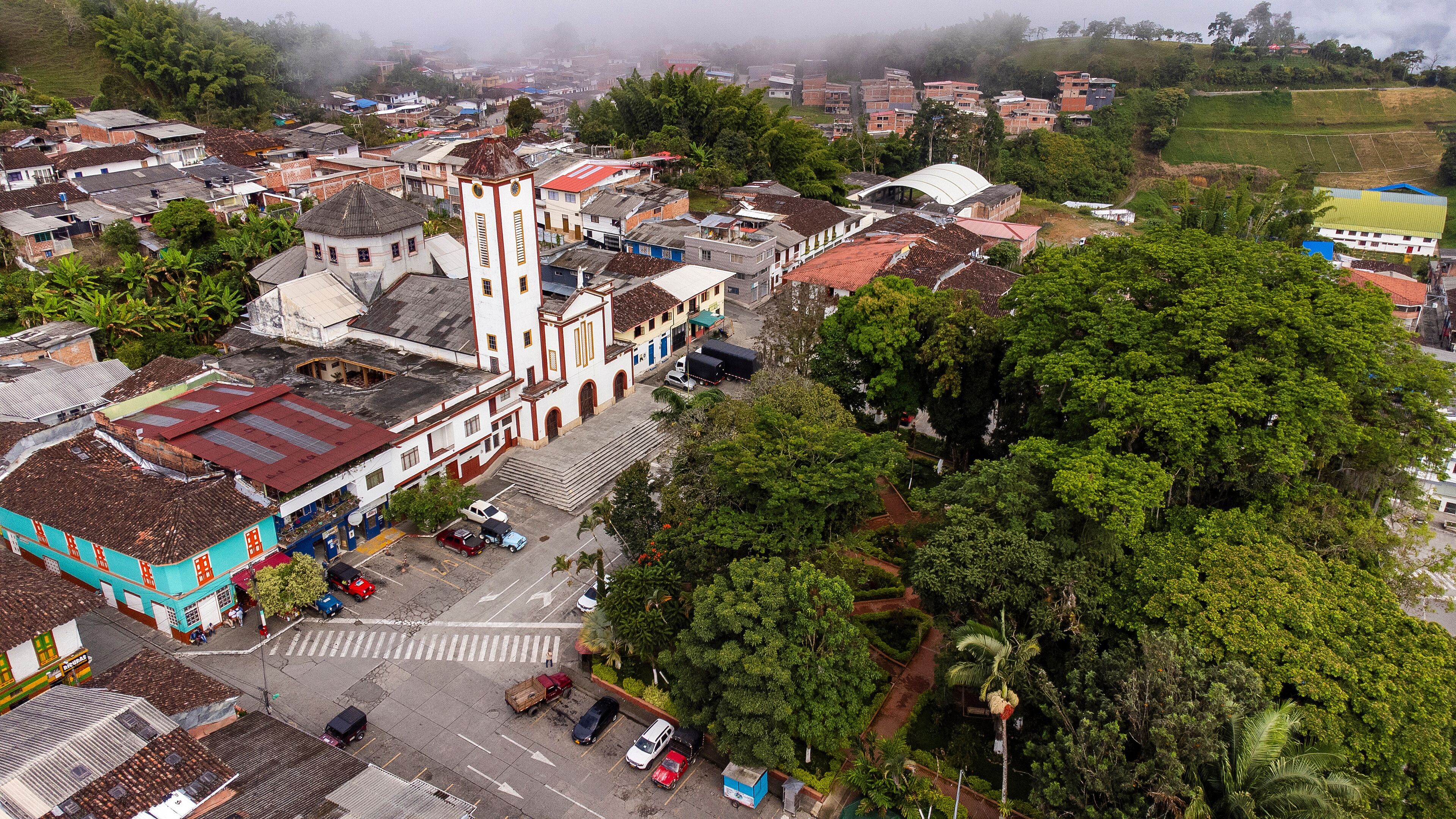 Filadelfia, Caldas - Colombia. October 7, 2025. Panoramic drone view of the town's main church.