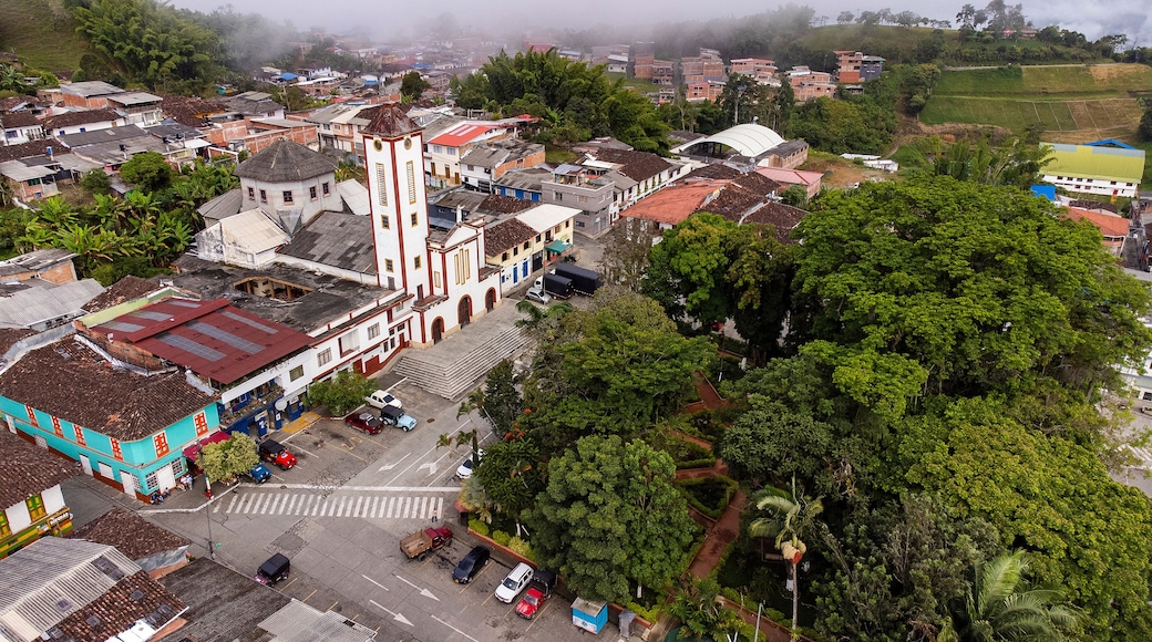 Filadelfia, Caldas - Colombia. October 7, 2025. Panoramic drone view of the town's main church.