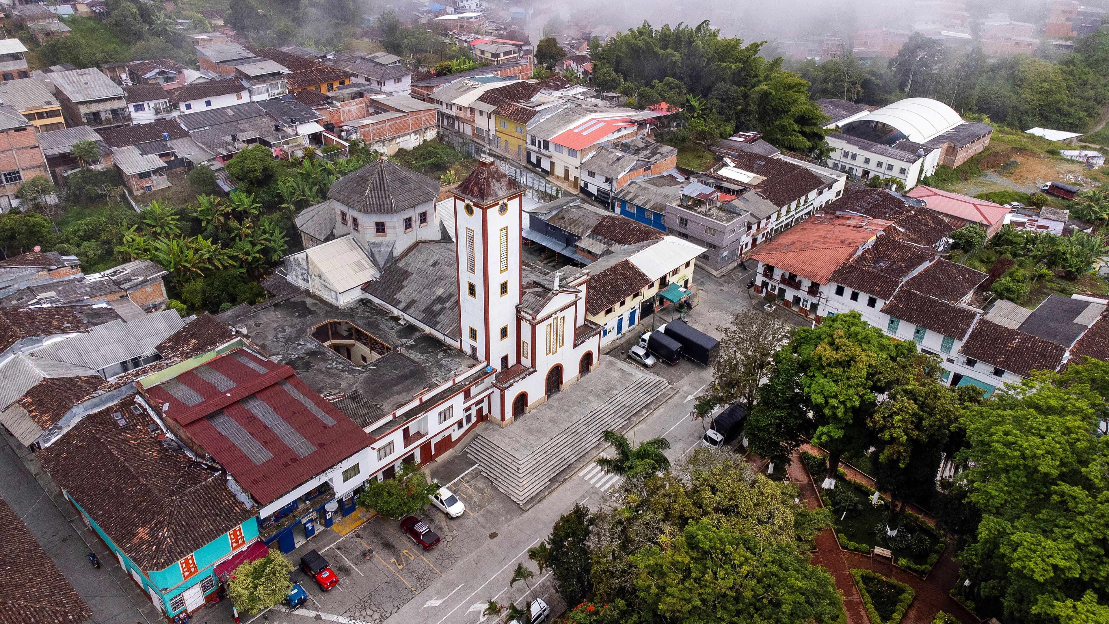 Filadelfia, Caldas - Colombia. October 7, 2025. Panoramic drone view of the town's main church.