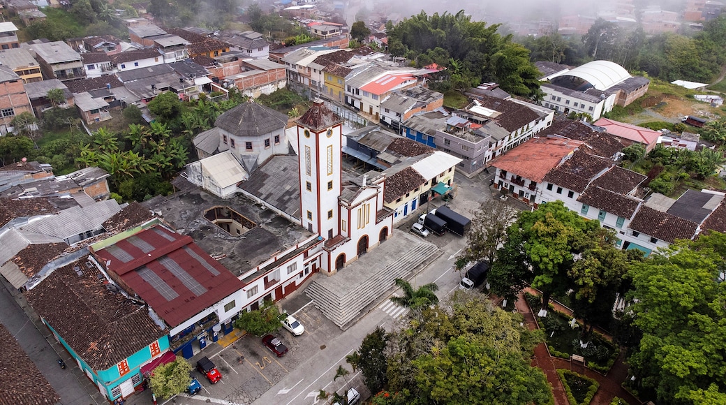 Filadelfia, Caldas - Colombia. October 7, 2025. Panoramic drone view of the town's main church.