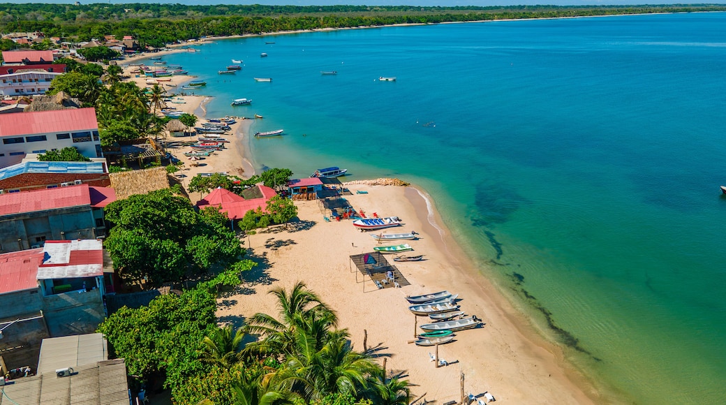 Aerial View of Rincon del Mar Beach, Sucre, Colombia with Boats and Tropical Landscape