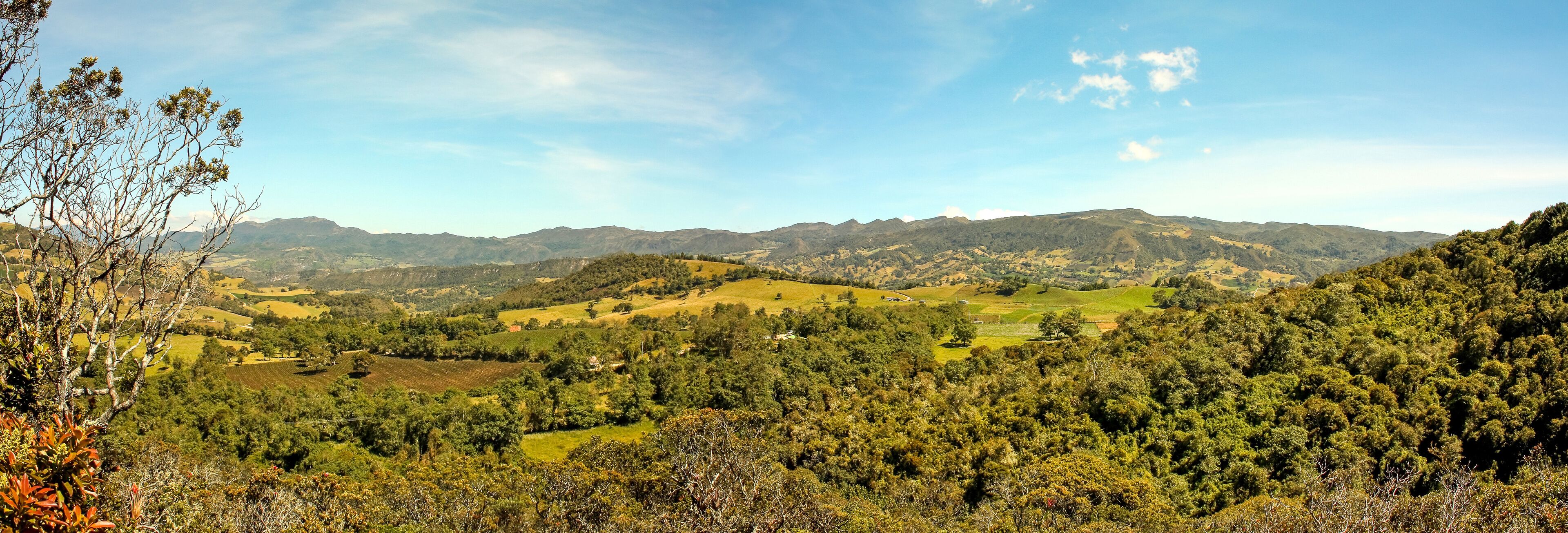 A mountainous landscape with rolling hills, dense forests, and scattered buildings.