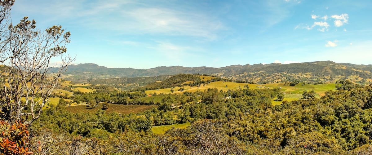 A mountainous landscape with rolling hills, dense forests, and scattered buildings.