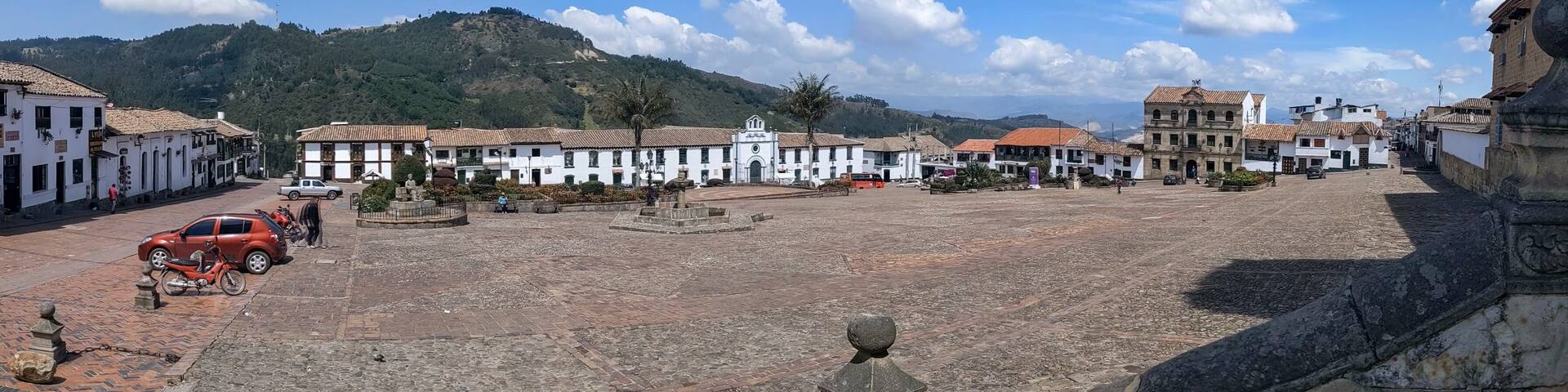 Main square, with colonial spanish houses, in the beautiful historical Colombian village Mongui, Boyaca, Colombia.