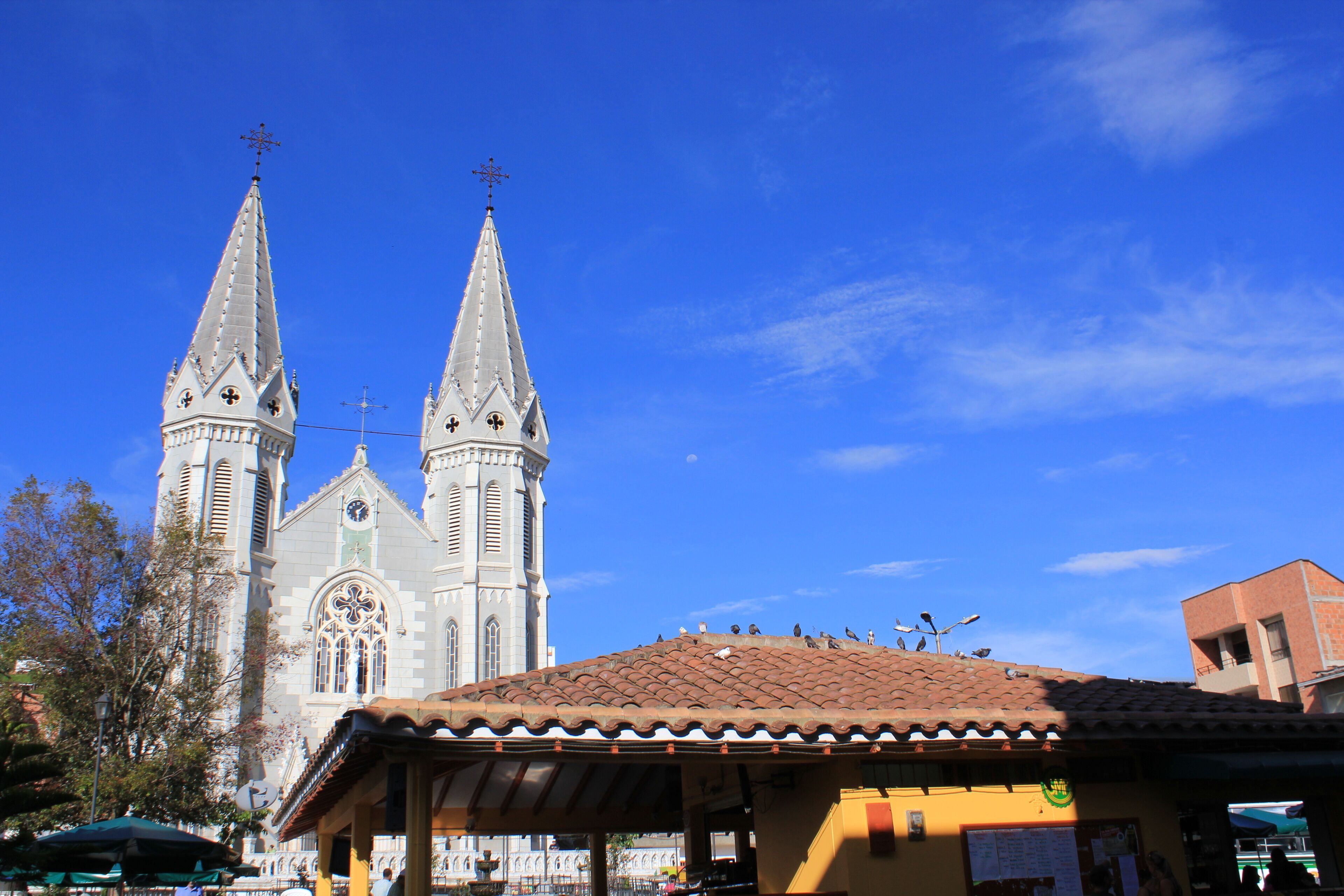 A church with two spires and a tiled roof.
