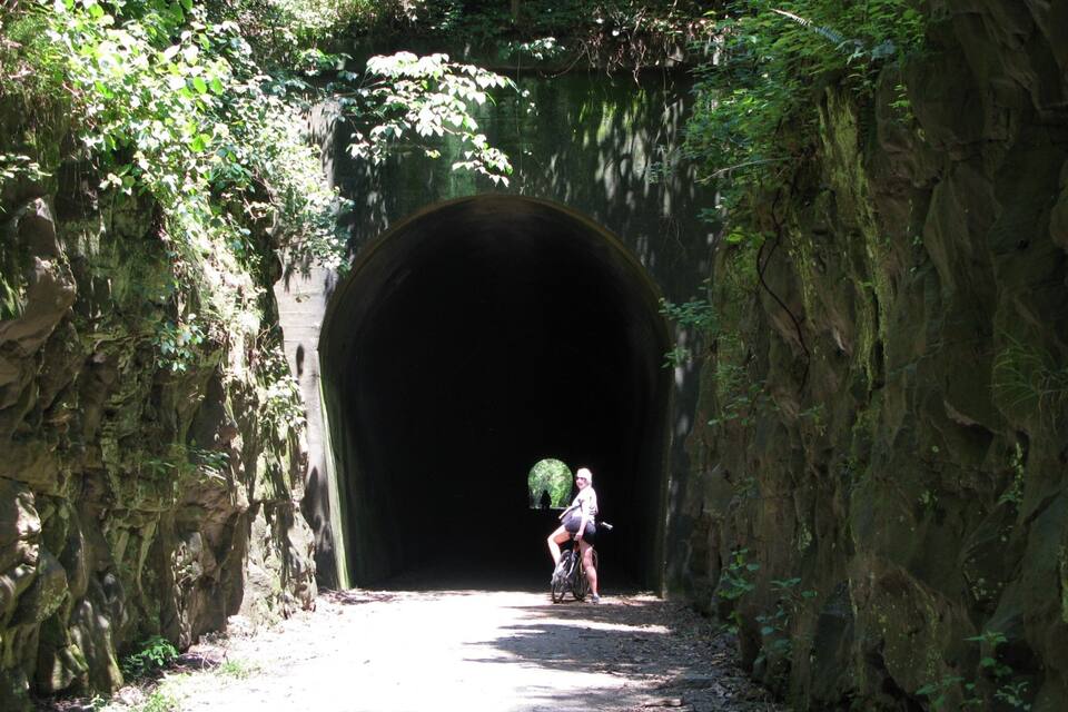 A person riding a bicycle through a tunnel surrounded by rocky cliffs and greenery.