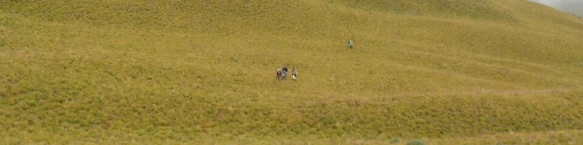 A hilly landscape with a person walking and another person in the distance.