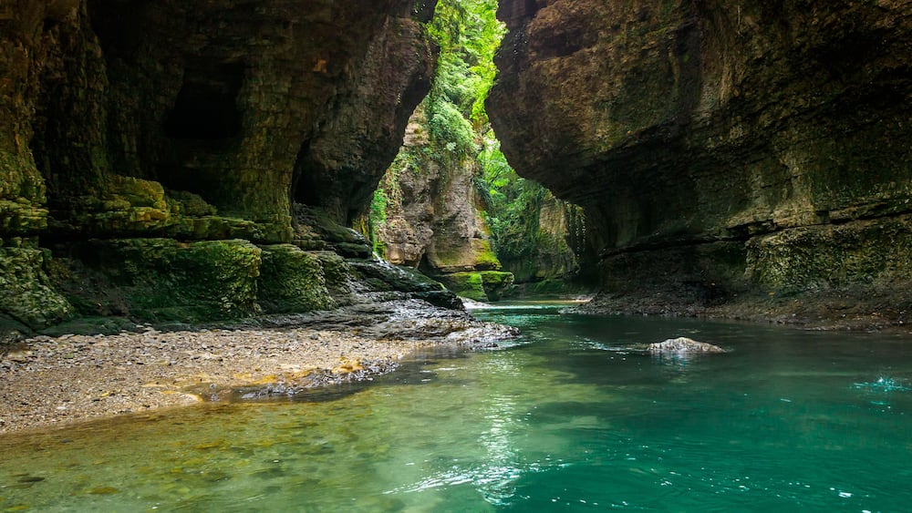 Martvili canyon in Georgia. Beautiful natural canyon with view of the mountain river, christal blue water and boat ride near Kutaisi