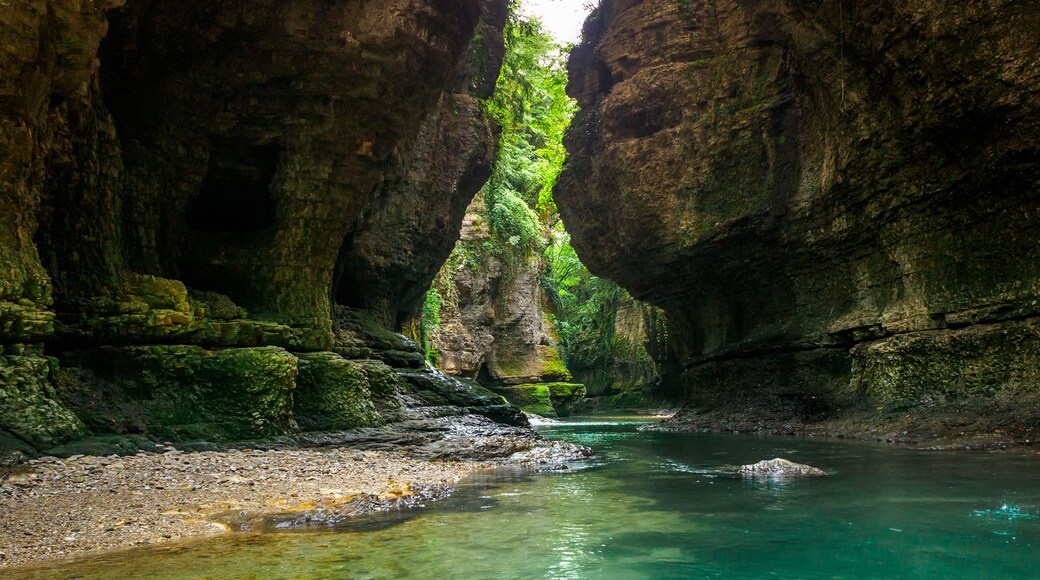 Martvili canyon in Georgia. Beautiful natural canyon with view of the mountain river, christal blue water and boat ride near Kutaisi