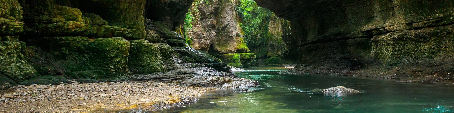 Martvili canyon in Georgia. Beautiful natural canyon with view of the mountain river, christal blue water and boat ride near Kutaisi
