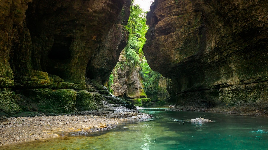 Martvili canyon in Georgia. Beautiful natural canyon with view of the mountain river, christal blue water and boat ride near Kutaisi