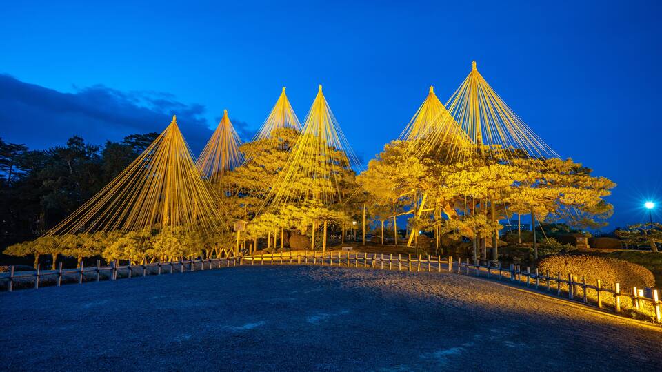 Light up in Kenrokuen Garden at night in Kanazawa, Japan