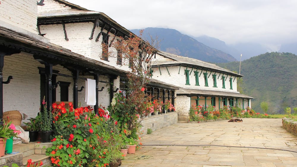 A traditional village with stone buildings, a stone pathway, and a mountainous backdrop.