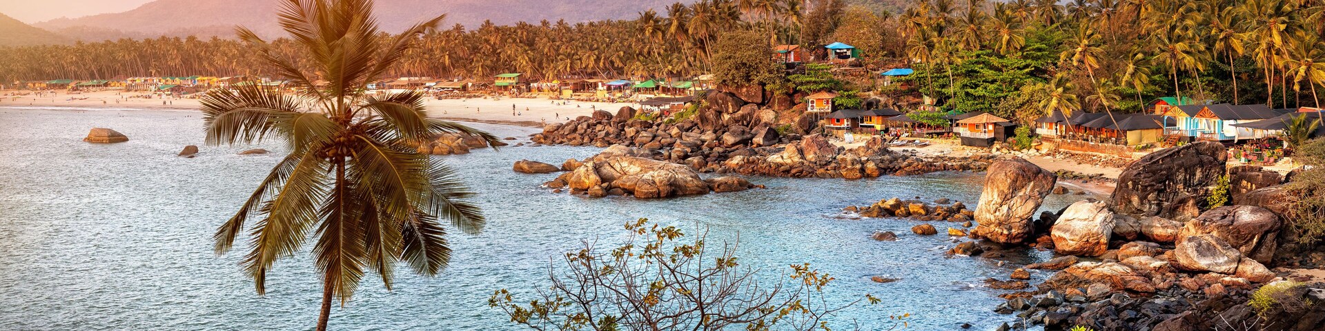 Un paisaje costero con una playa, palmeras y montañas al fondo.