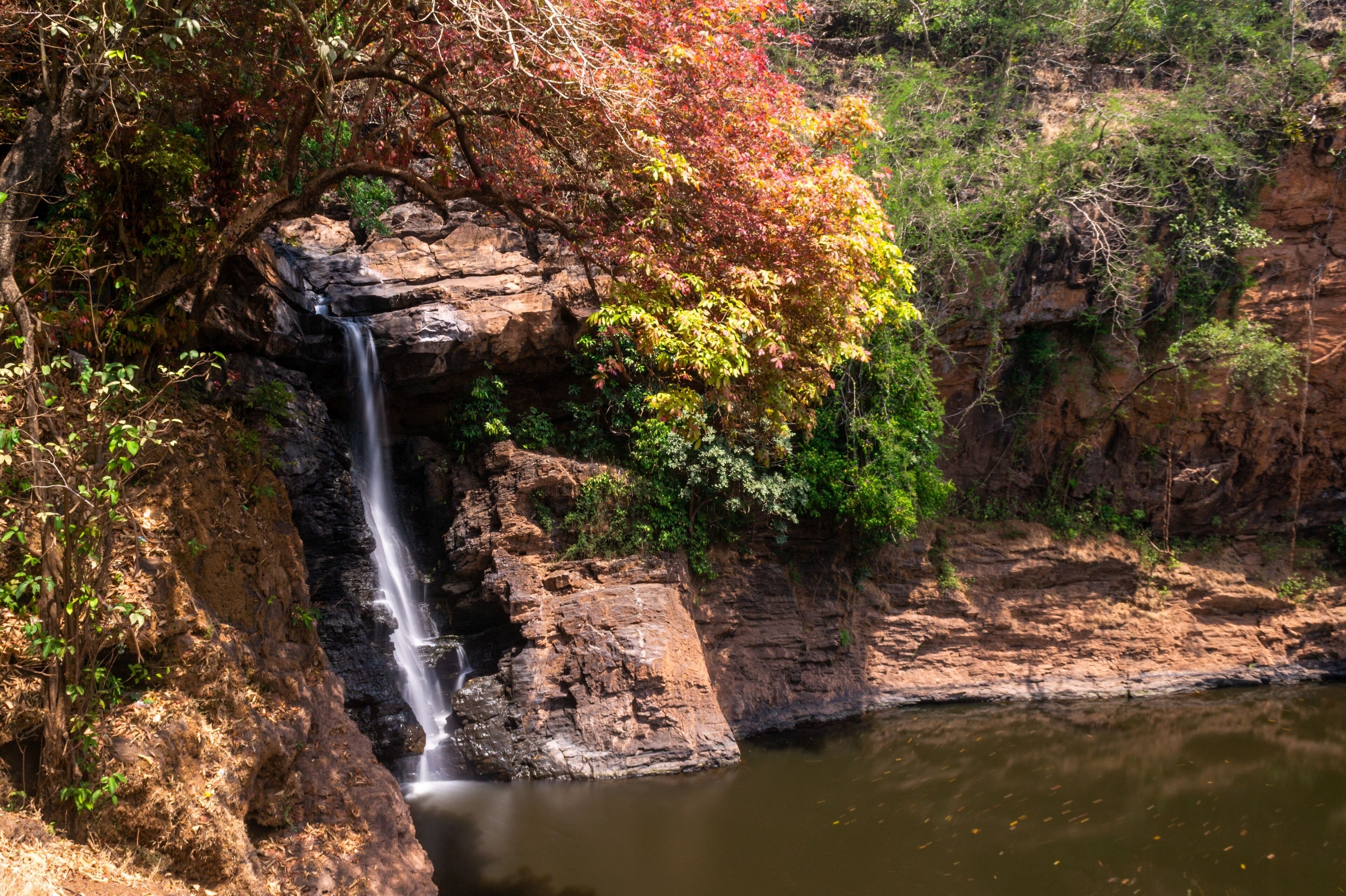 A waterfall cascading over rocky cliffs surrounded by autumn foliage.