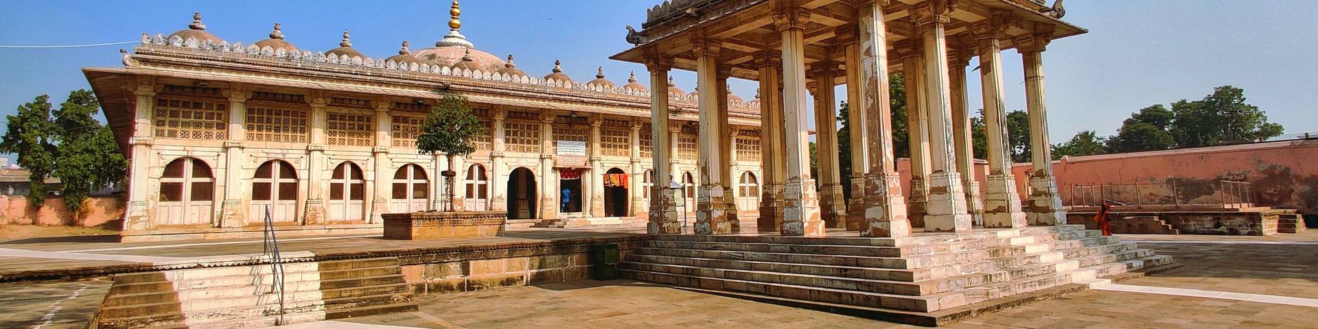 Panoramic view of the Sarkhej Roza monument in Makarba, Ahmedabad, Gujarat, India