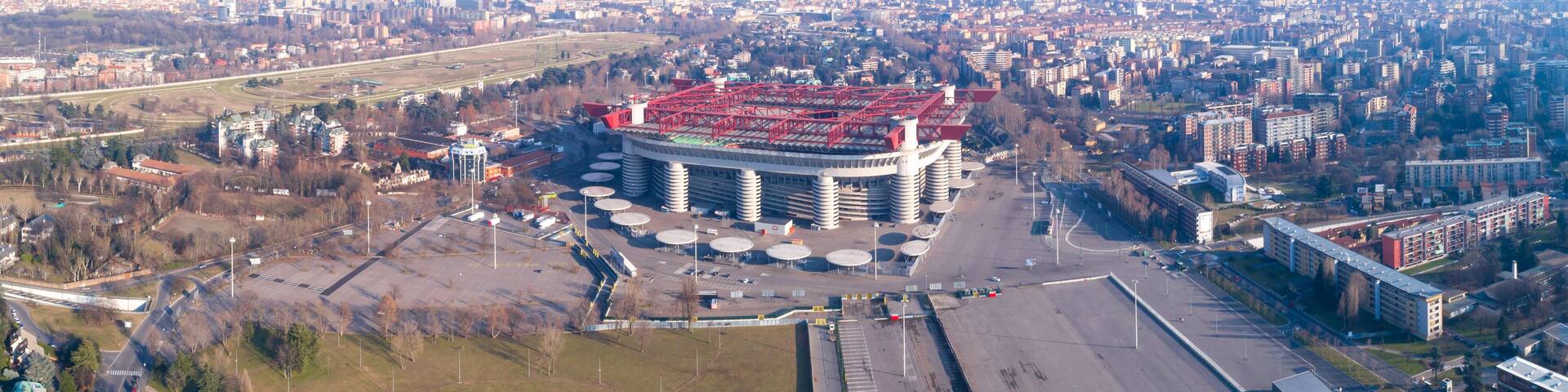 Aerial view of Milan (Italy) with the Meazza soccer stadium, commonly known as San Siro.