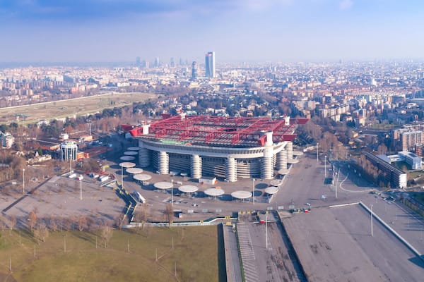Aerial view of Milan (Italy) with the Meazza soccer stadium, commonly known as San Siro.