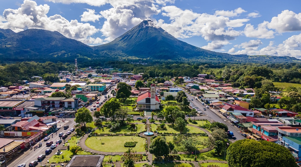 Beautiful aerial view of San Carlos La Fortuna Town - Arenal Volcano la Fortuna Church in Costa Rica