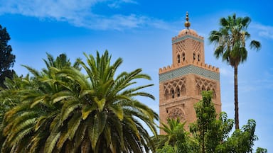 A tall tower with intricate designs and a dome, surrounded by lush palm trees.