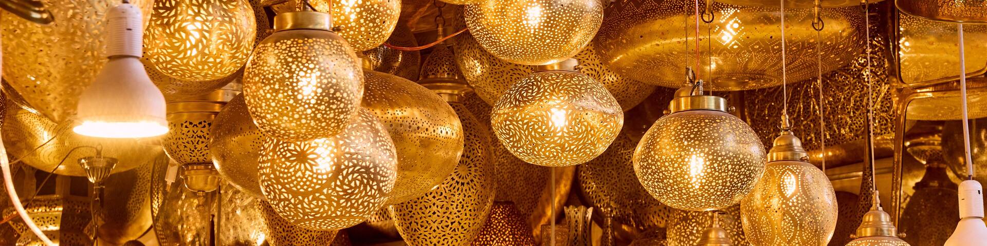 Shaining moroccan metal lamps in the shop in medina of Marrakech, Morocco