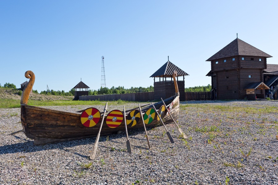 Viking Ships ,Kuzino Viking Village -Russia; Shutterstock ID 565160068; Purchase Order: SP-2617; Order Number: CSC Image Research