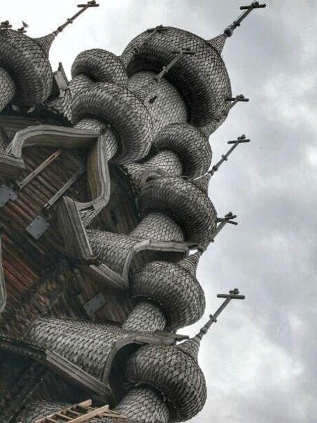 Church of the Transfiguration . Built in the early 1700's entirely of wood .  Twenty two onion shaped domes .