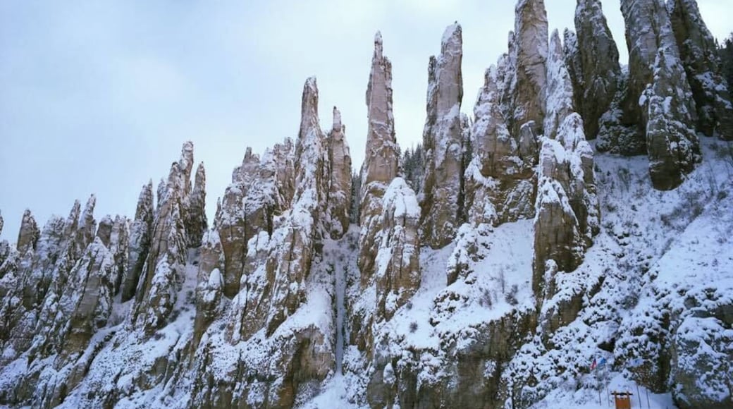 The Sinsk Pillars, located 50km up the river Sinyaya from the point where it flows into the River Lena. Smaller but more beautiful than the 220-metre tall Lena Pillars. Great area for canoeing in summer or snowmobiling in winter.