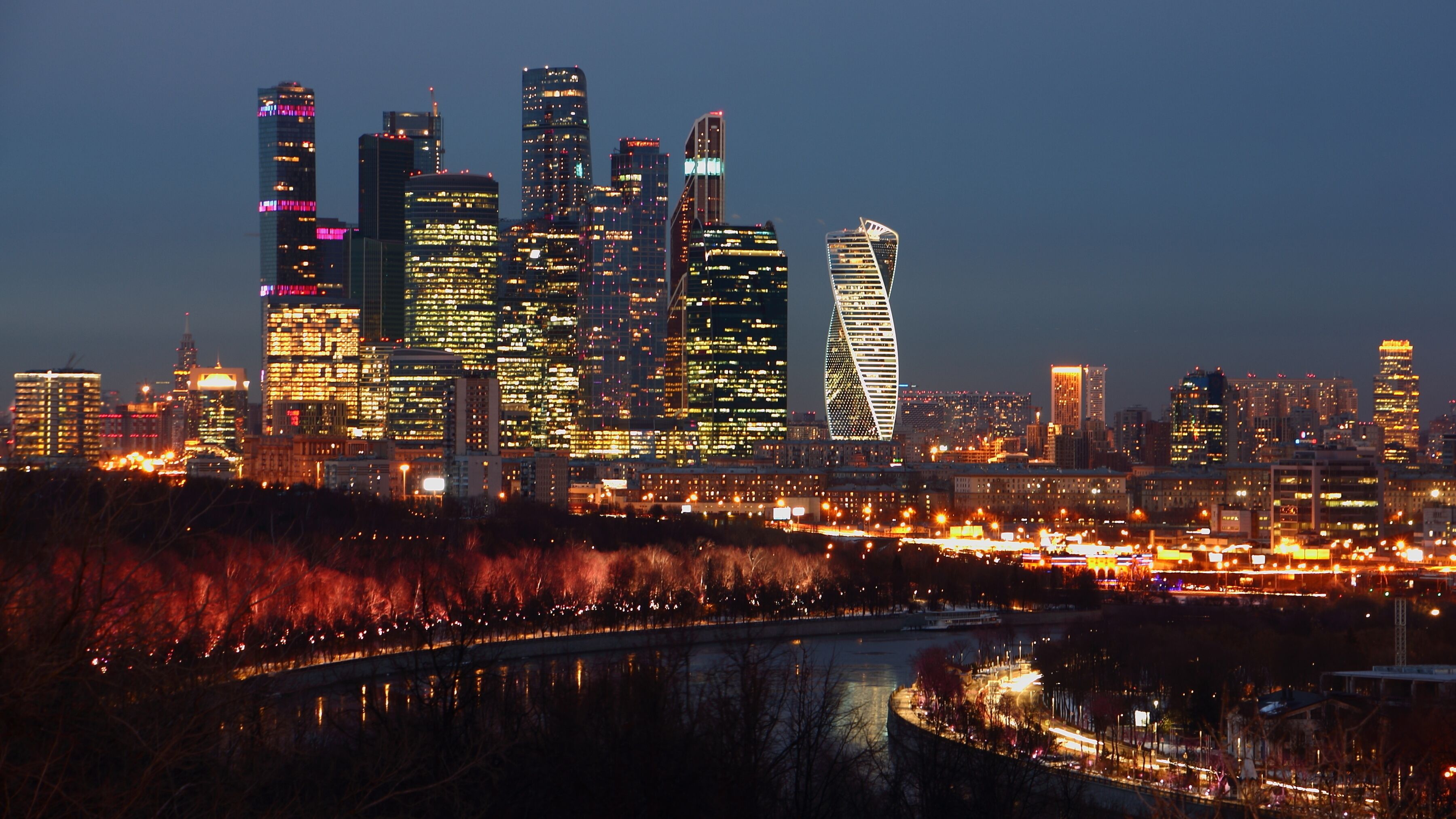 Russian business center Moscow city and Moscow river, view from Vorobyovy Gory observation deck on a winter evening