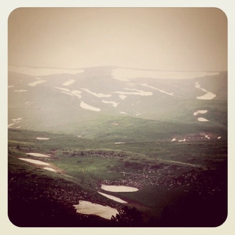 Plato Lagonaki is beautiful nature object. With white spots of snow and wonderful flowers. 