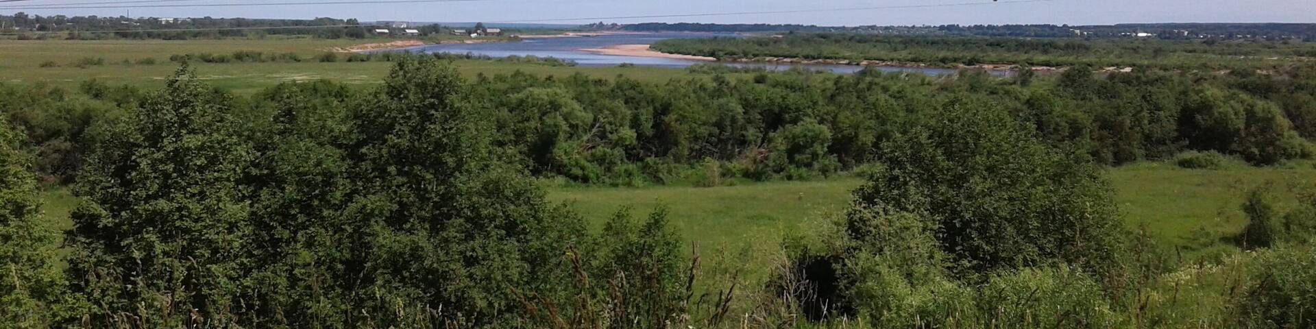 A river with a sandy bank, surrounded by dense green forest and open fields.