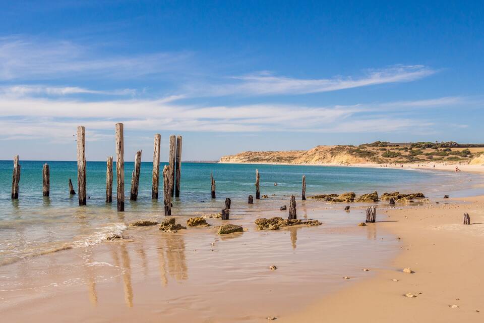 A beach with wooden posts in the water and a sandy shore.