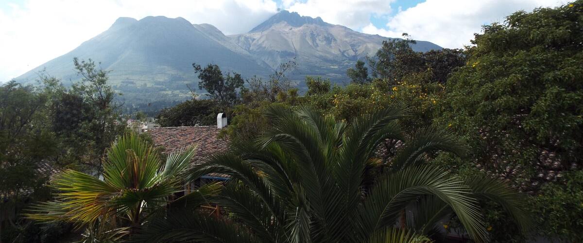 A mountain range with lush greenery in the foreground.