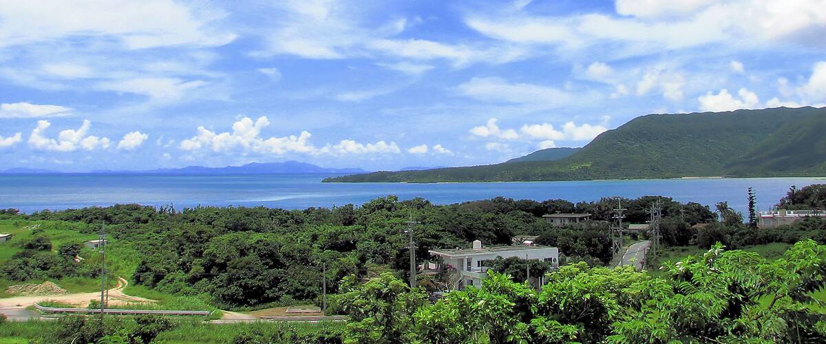 A coastal landscape with a clear sky, a body of water, and green hills.