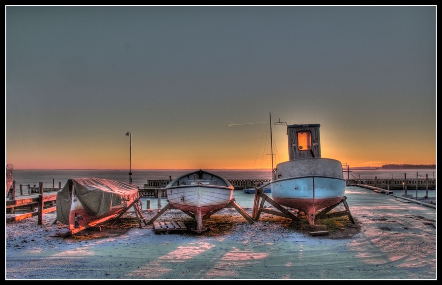 Sunrise on a very cold morning in Gershøj Harbour nearby Gershøj Inn and Beach Hotel.