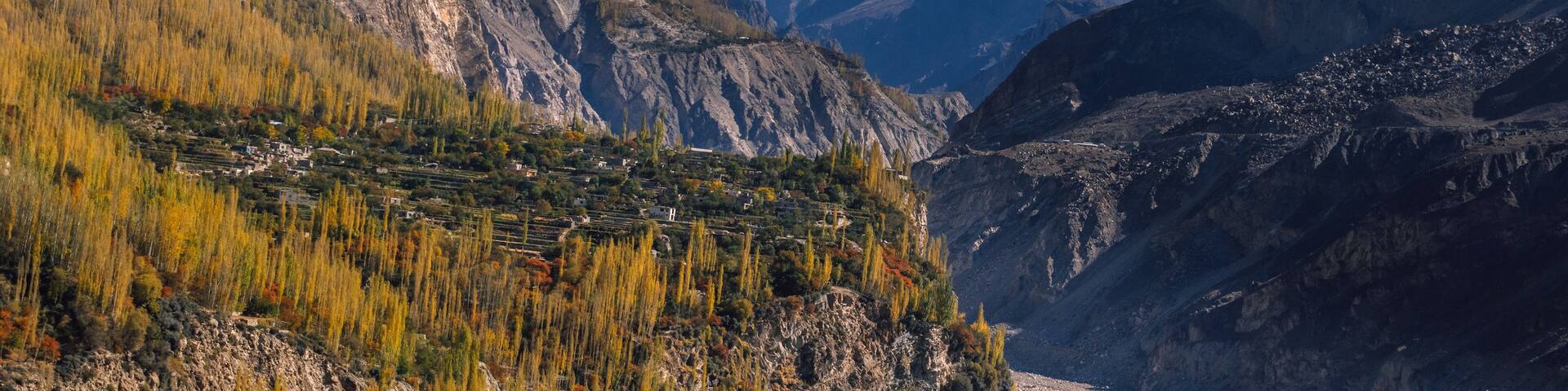 View of jagged, snow-capped peaks pierce the deep blue sky above rugged, rocky mountains and golden autumn trees in Gulmit Hunza, Gilgit Baltistan, Pakistan.