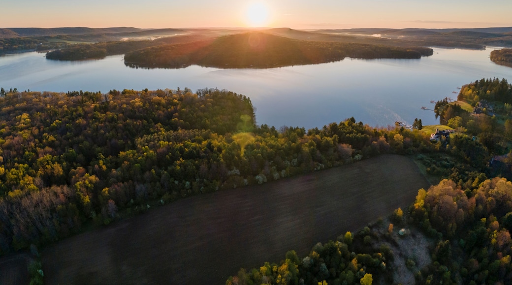 Panoramic aerial view of the sunrise over Deep Creek Lake in McHenry Maryland, United States.