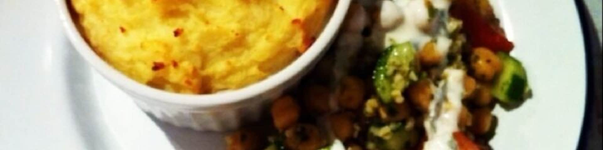 Fish pie and tabbouleh.