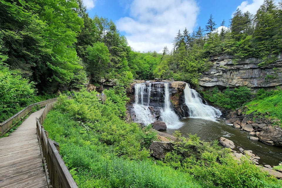 A wooden boardwalk leading to a multi-tiered waterfall surrounded by lush greenery.