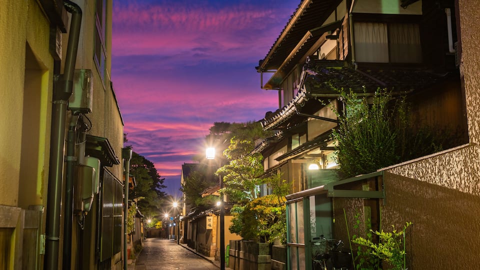 Nagamachi Samurai District which includes a sunset and night scenes