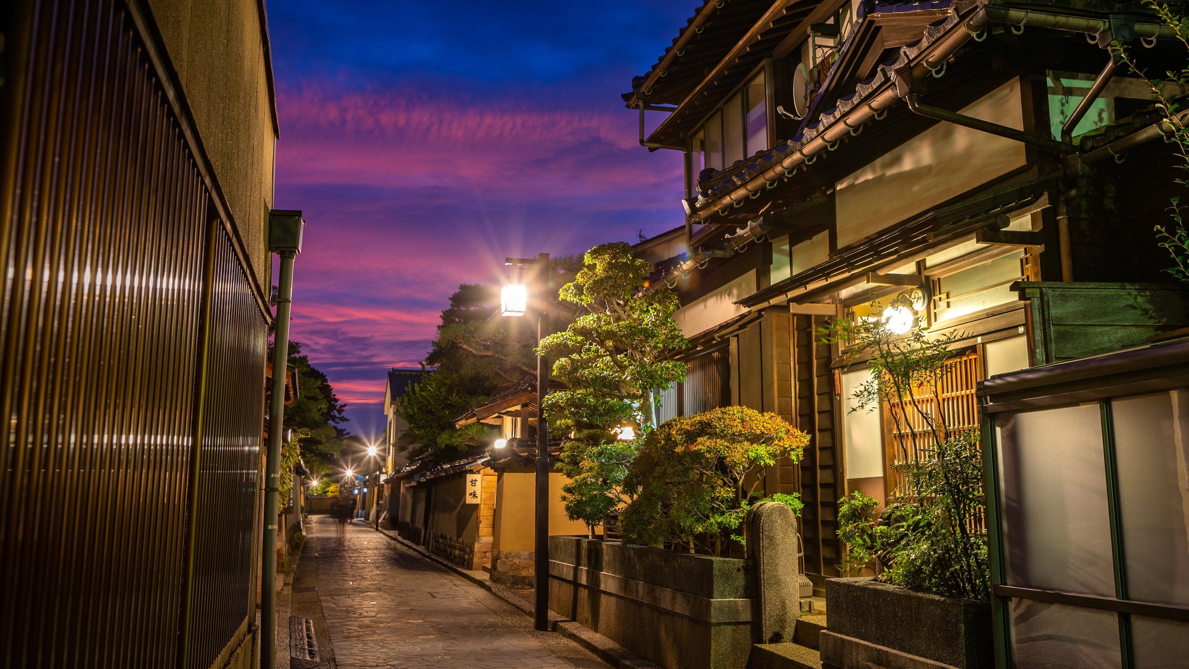Nagamachi Samurai District showing night scenes and a sunset