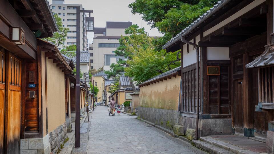 A narrow cobblestone street lined with traditional wooden buildings, some with signage indicating their number.