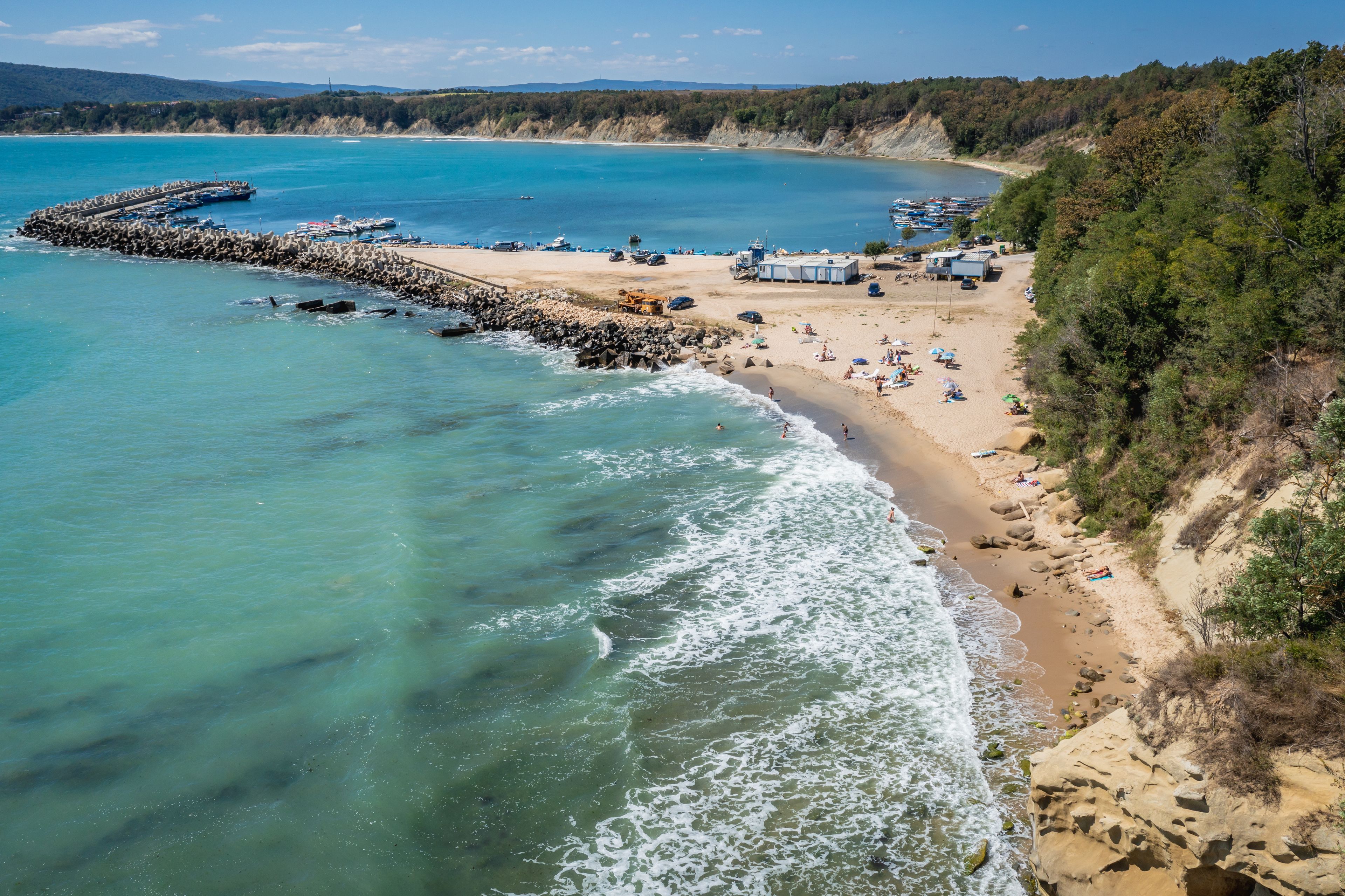 Aerial drone photo of Black Sea beach in Byala town in Bulgaria