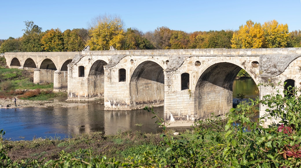 A stone bridge with multiple arches over a river, surrounded by autumn foliage and greenery.
